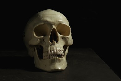 Photo of Human skull on grey table against black background, space for text