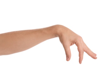Photo of Man holding something in hand on white background, closeup