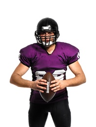 Photo of American football player with ball on white background