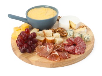 Photo of Fondue with tasty melted cheese and different snacks isolated on white