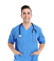 Photo of Portrait of medical assistant with stethoscope on white background