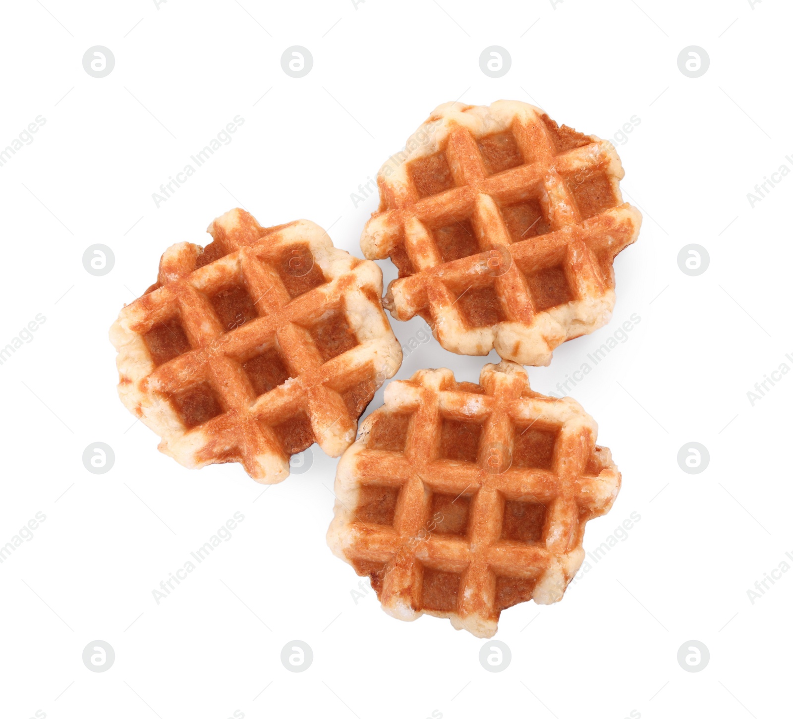 Photo of Many delicious Belgian waffles isolated on white, top view