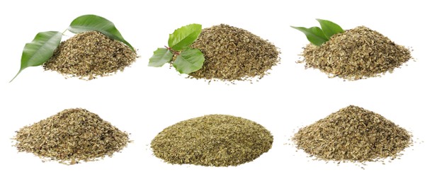 Image of Set with yerba mate leaf mix on white background. Banner design