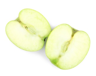 Photo of Halves of fresh green apple on white background, top view