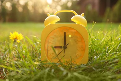 Photo of Yellow alarm clock on green grass outdoors, closeup
