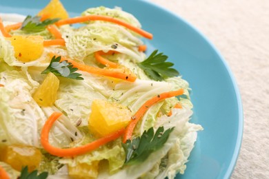 Photo of Tasty salad with Chinese cabbage on table, closeup
