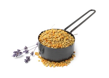 Photo of Fresh bee pollen granules in scoop and lavender isolated on white