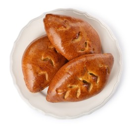 Photo of Plate with delicious baked patties on white background, top view