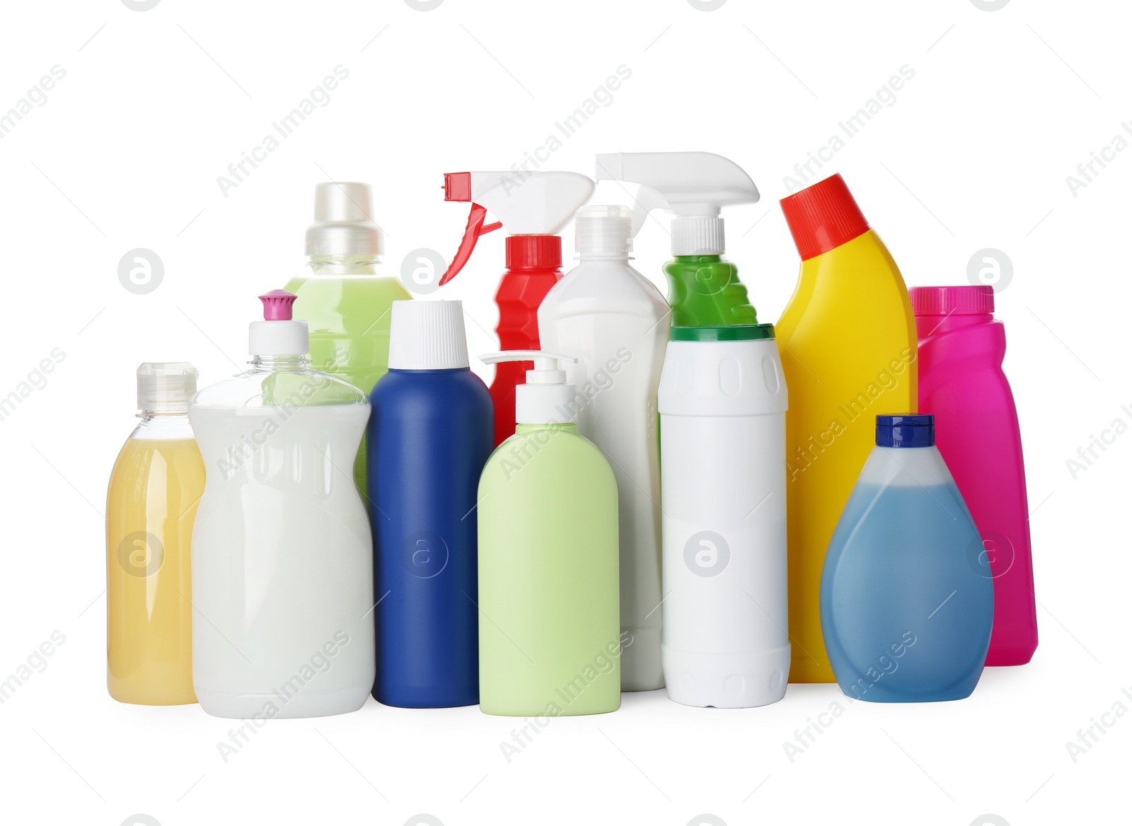 Photo of Set of different cleaning supplies on white background