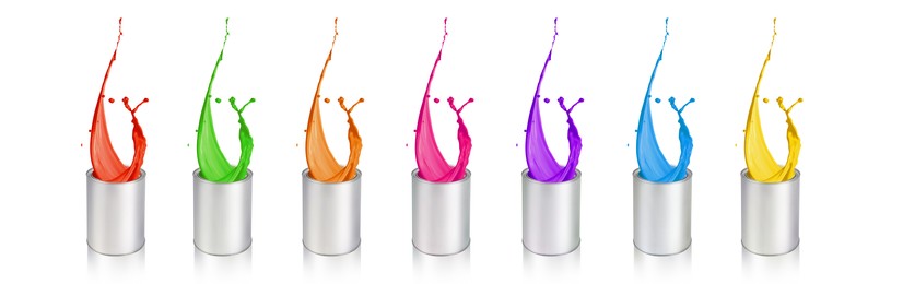 Image of Paint of different colors splashing from cans on white background