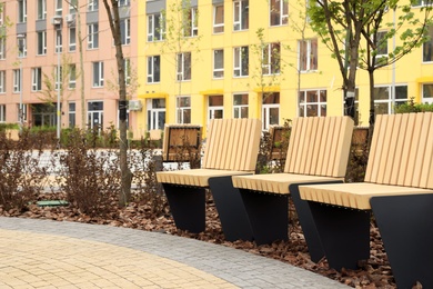 KYIV, UKRAINE - MAY 21, 2019:Small square near modern housing estate COMFORT TOWN in Dniprovskyi district on sunny day