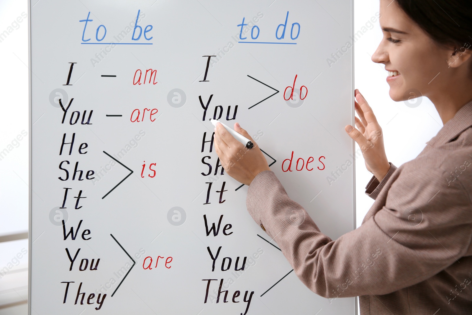 Photo of English teacher near whiteboard at lesson, closeup