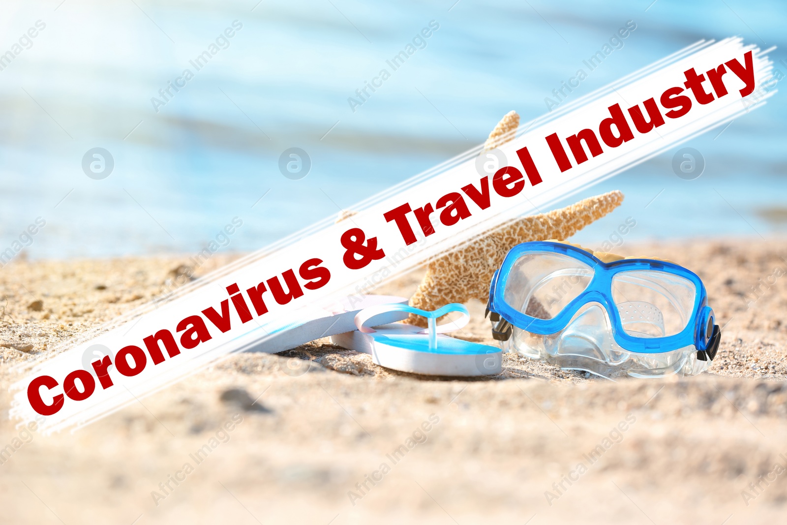 Image of Vacation cancellation concept. Starfish, goggles and flip flops on sand near sea