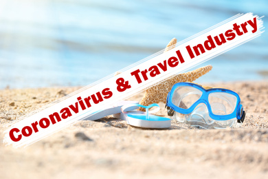 Vacation cancellation concept. Starfish, goggles and flip flops on sand near sea