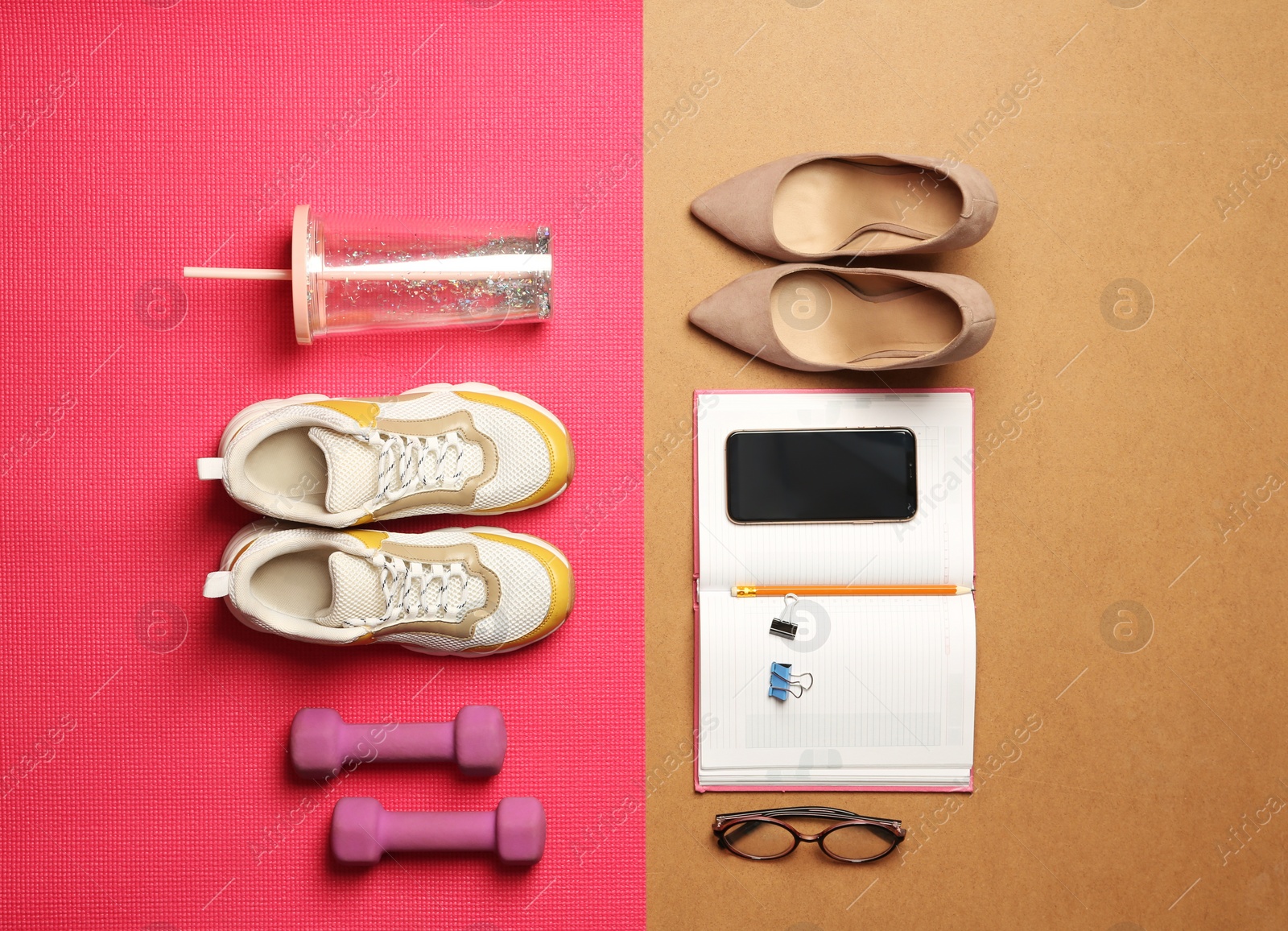 Photo of Flat lay composition with business items and sport accessories on color background. Concept of balance between work and life
