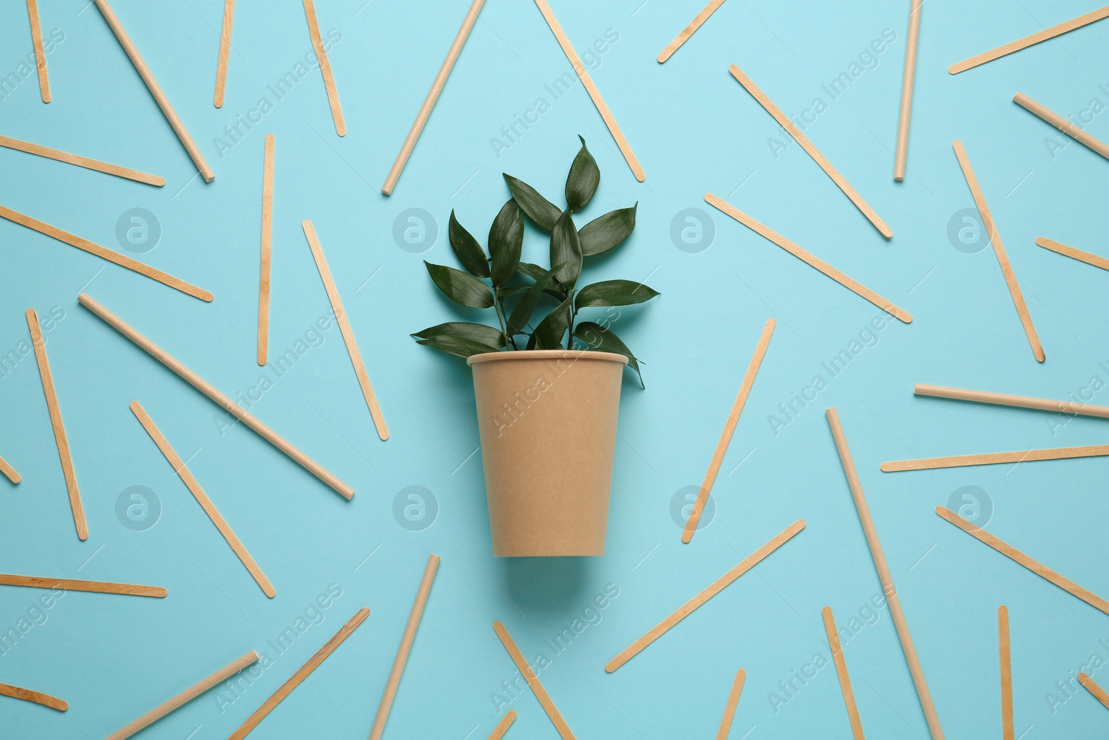 Photo of Paper cup with green twigs surrounded by bamboo straws and sticks on turquoise background, flat lay. Eco friendly lifestyle