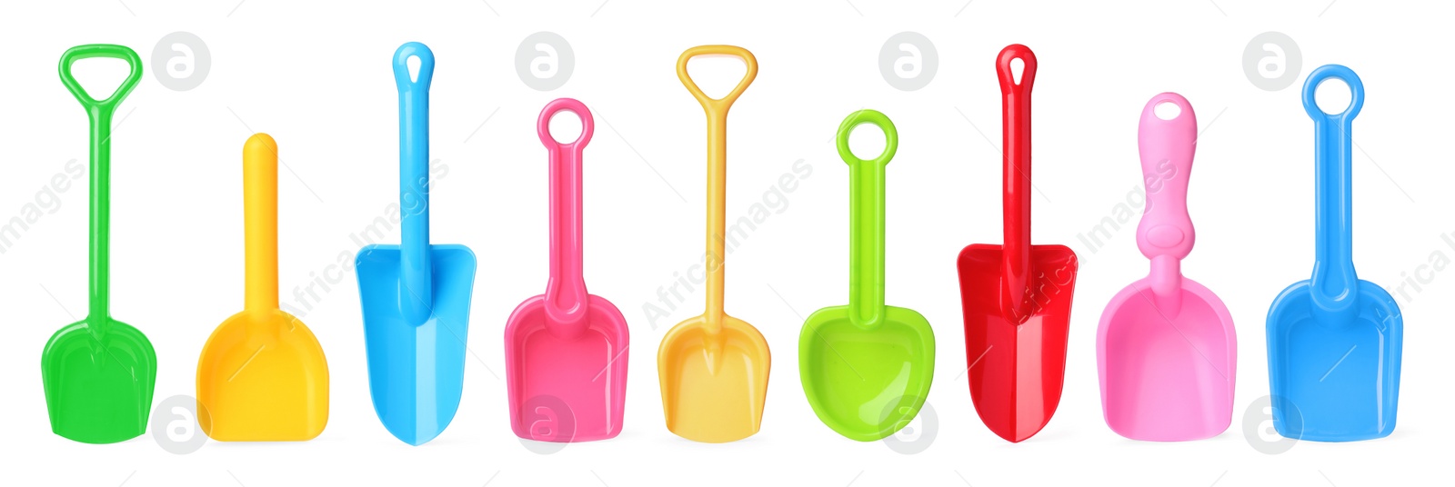 Image of Different bright plastic toy shovels on white background, collage. Banner design