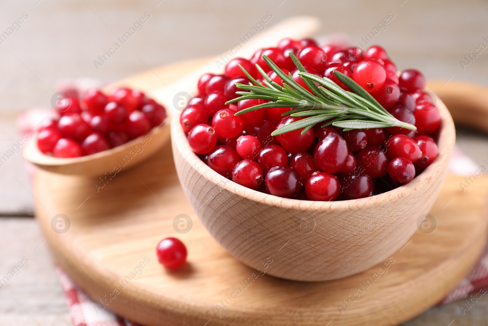 Photo of Fresh ripe cranberries and rosemary on wooden table, closeup