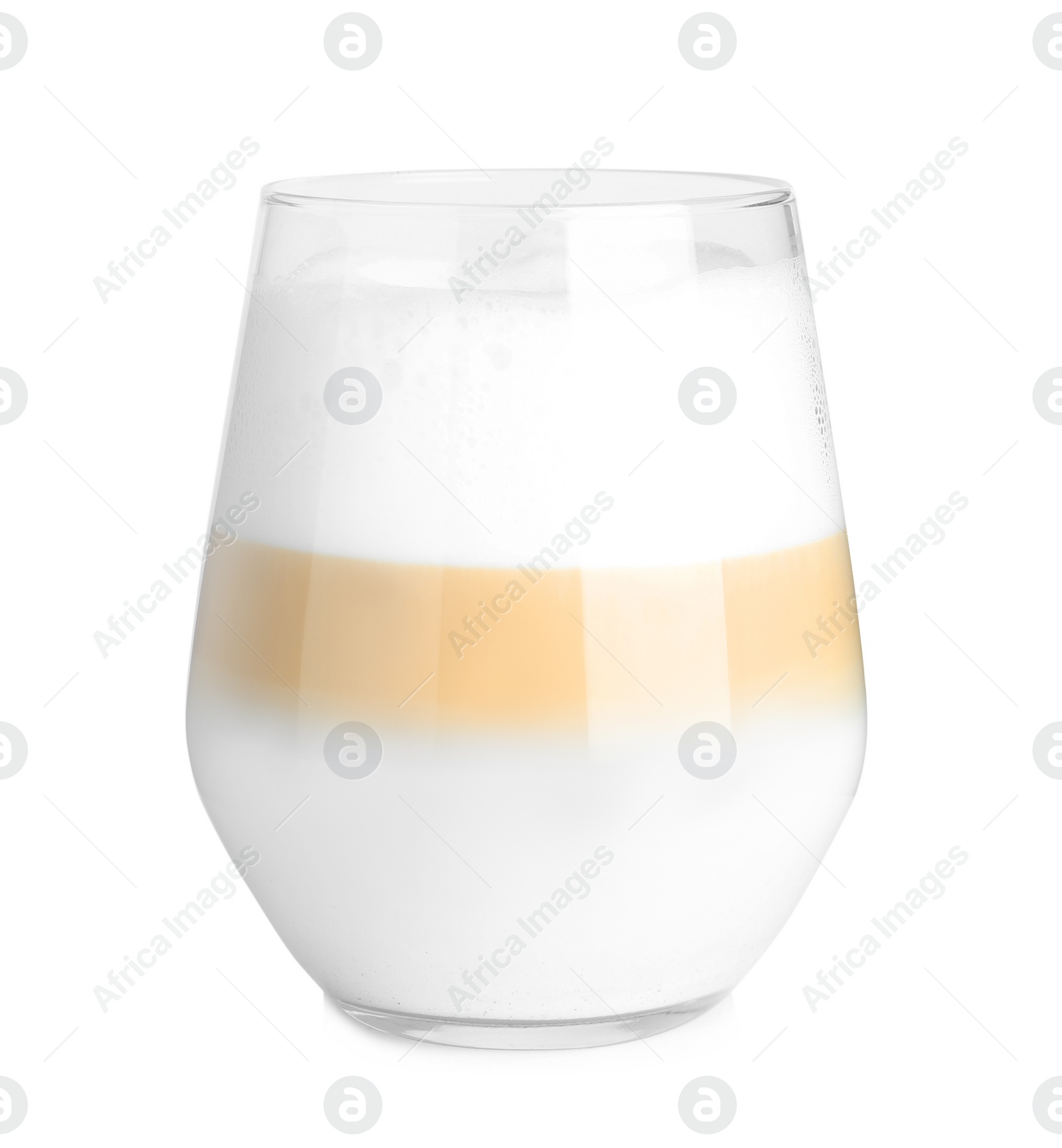 Photo of Glass of delicious latte macchiato isolated on white