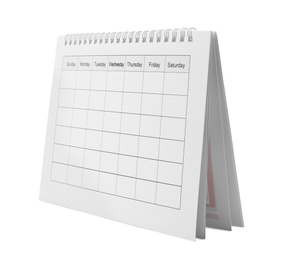 Photo of Blank paper calendar isolated on white. Planning concept