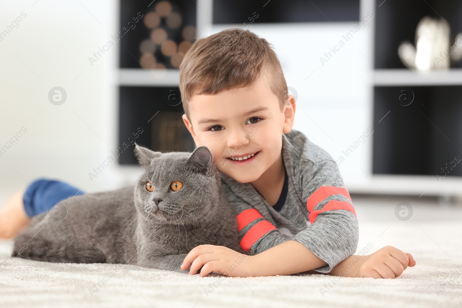 Photo of Cute little child with cat at home