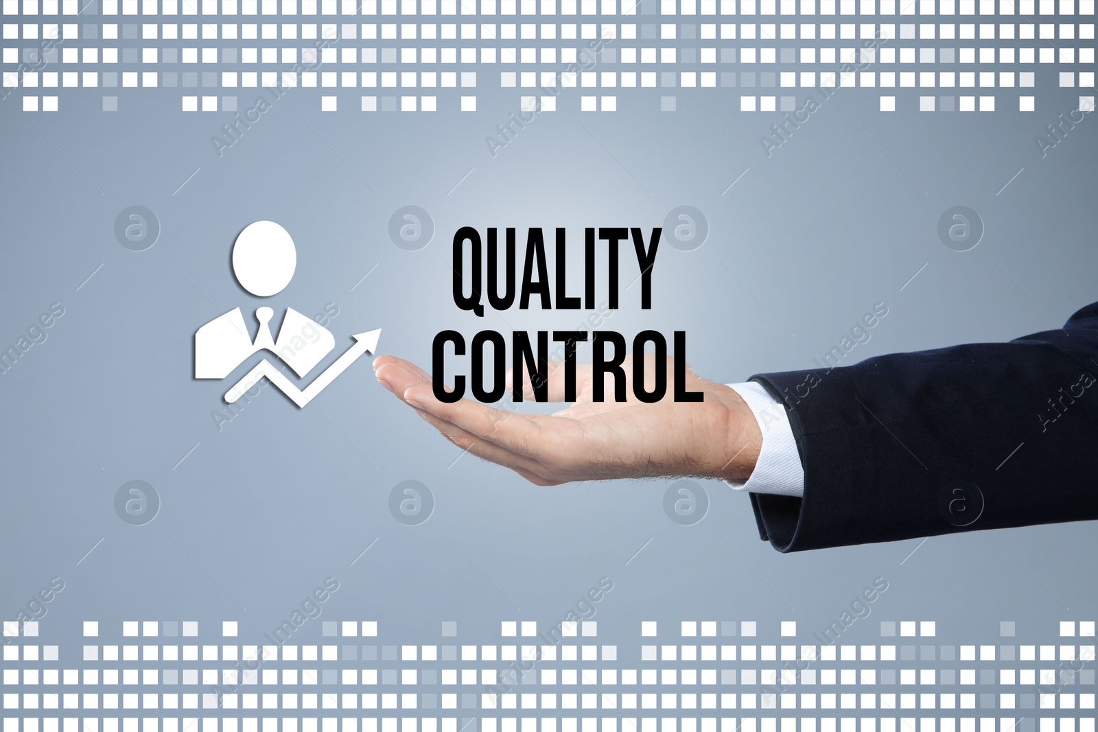 Image of  Quality control service. Businessman and illustration on light background, closeup