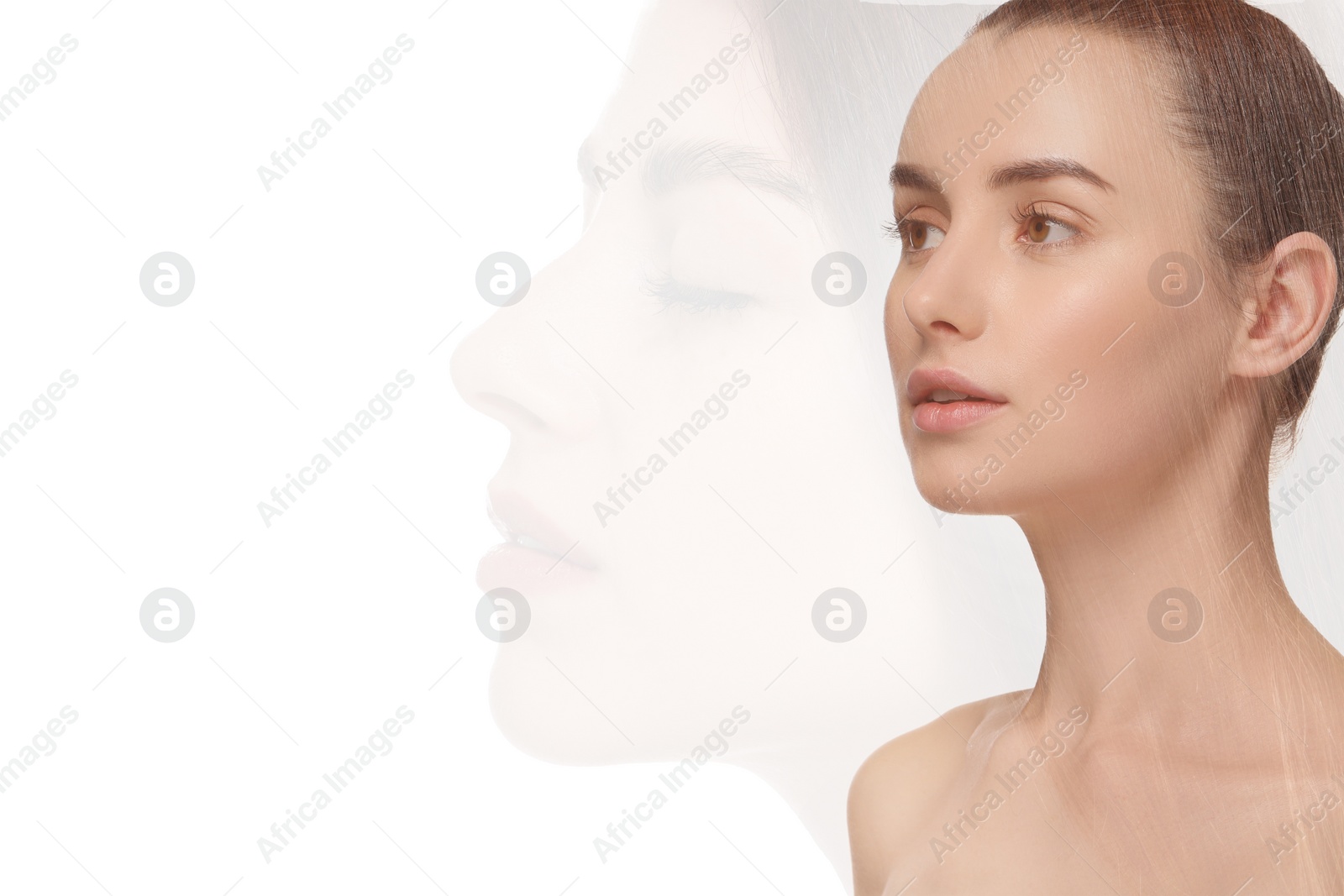 Image of Double exposure of beautiful women on white background