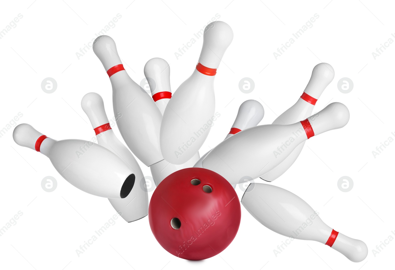 Image of Bowling pins and ball on white background