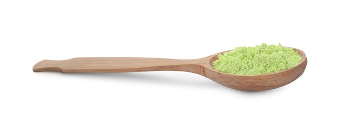 Wooden spoon of celery powder isolated on white