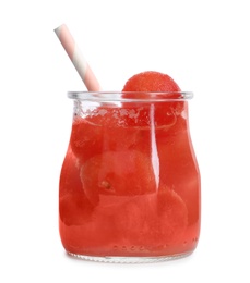 Glass jar of watermelon ball cocktail on white background