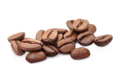 Photo of Many aromatic roasted coffee beans isolated on white