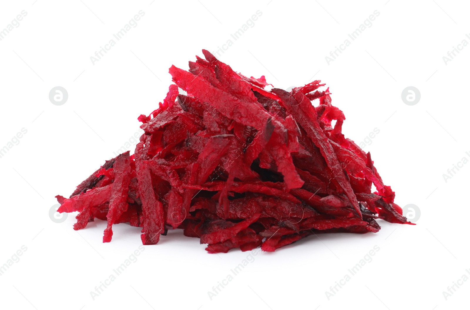 Photo of Heap of grated fresh red beet on white background