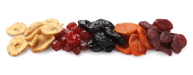 Photo of Mix of delicious dried fruits isolated on white