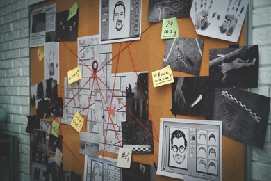 Photo of Detective board with stickers, photos, map and clues connected by red string on white brick wall