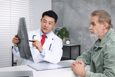 Photo of Doctor showing MRI images to senior patient in hospital