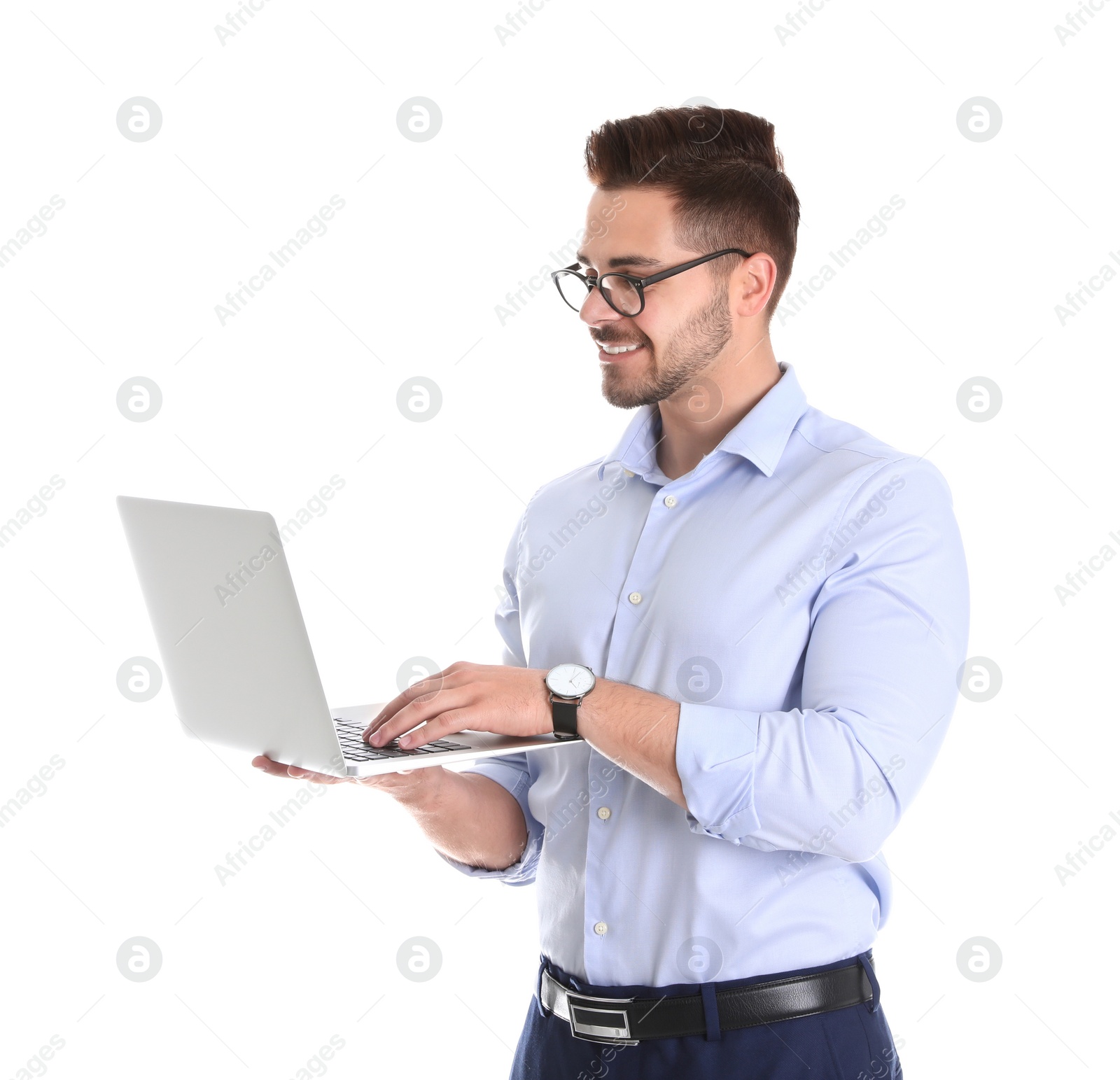 Photo of Young man with laptop on white background