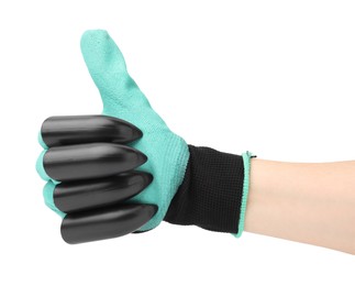 Photo of Woman in claw gardening glove showing thumbs up on white background, closeup