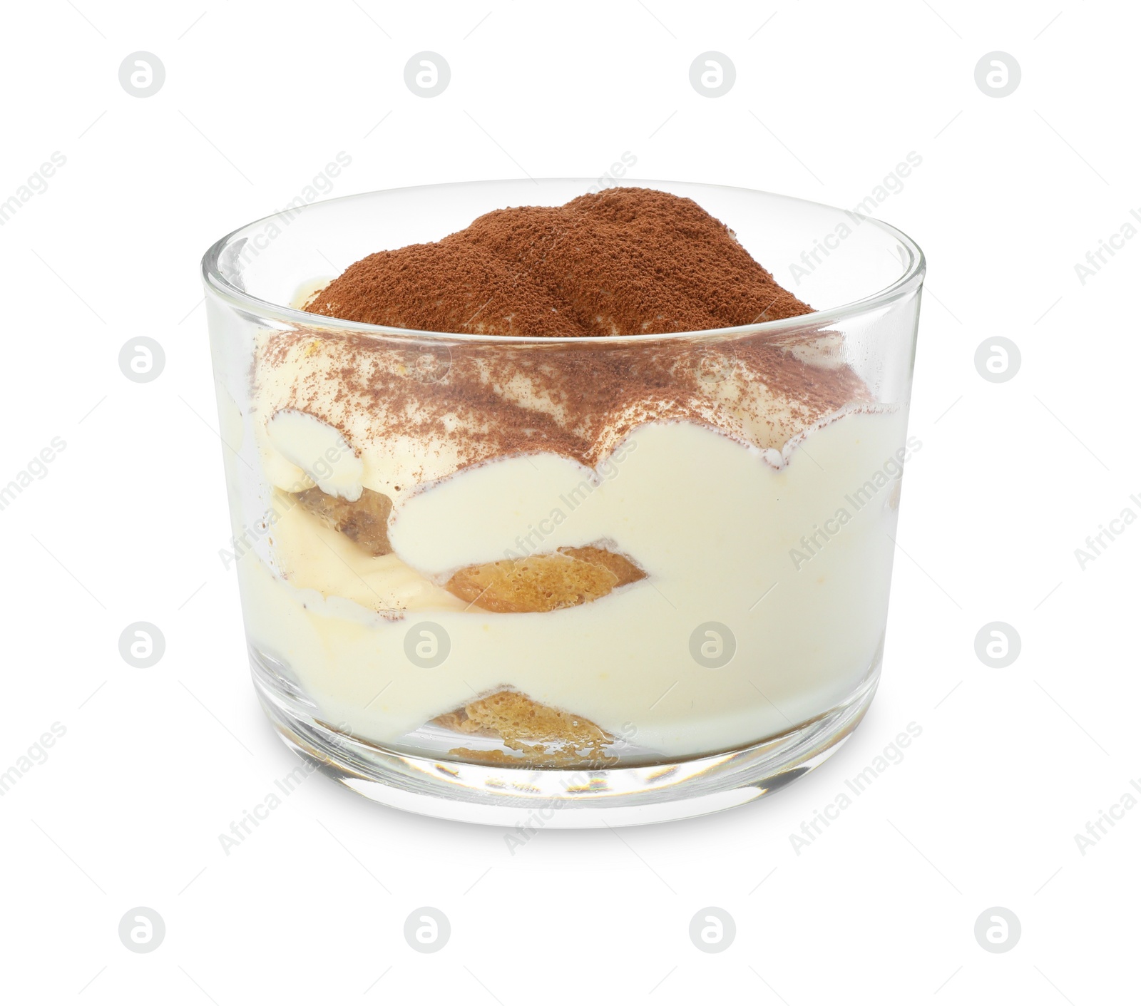 Photo of Delicious tiramisu in glass isolated on white