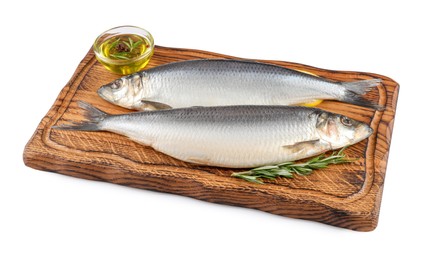 Wooden board with salted herrings, slices of lemon, oil and rosemary isolated on white