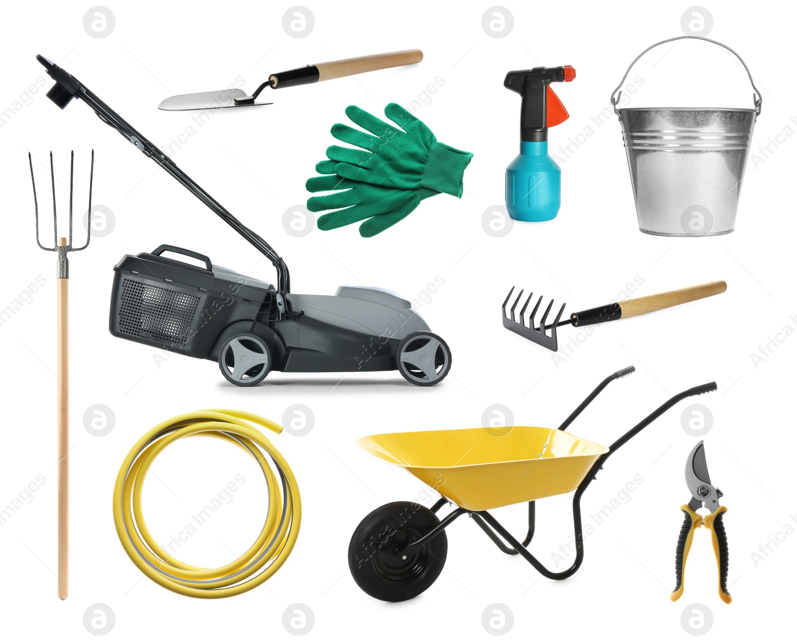 Image of Set with different gardening tools on white background