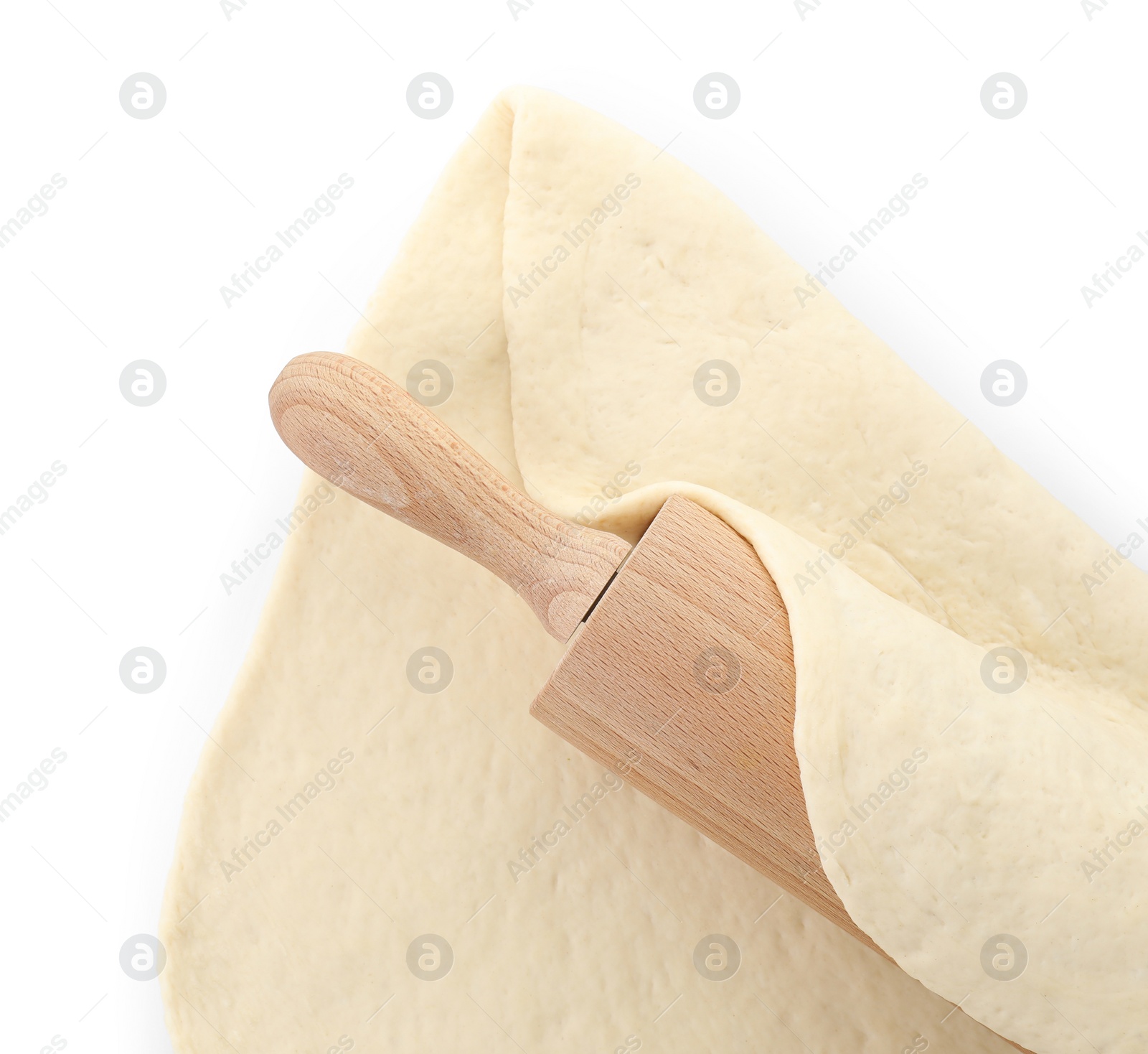 Photo of Raw dough and rolling pin isolated on white, top view