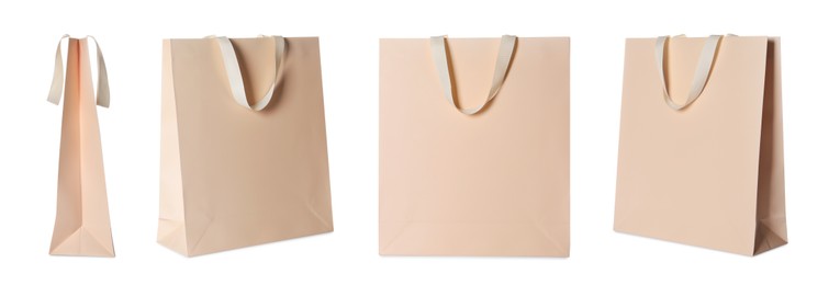 Beige shopping bag isolated on white, different sides