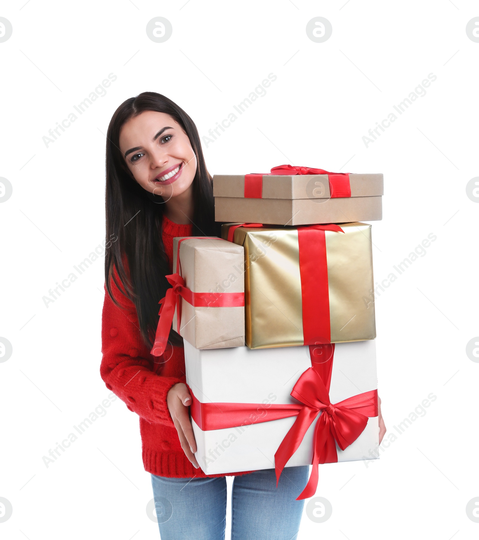 Photo of Happy young woman holding Christmas gifts on white background