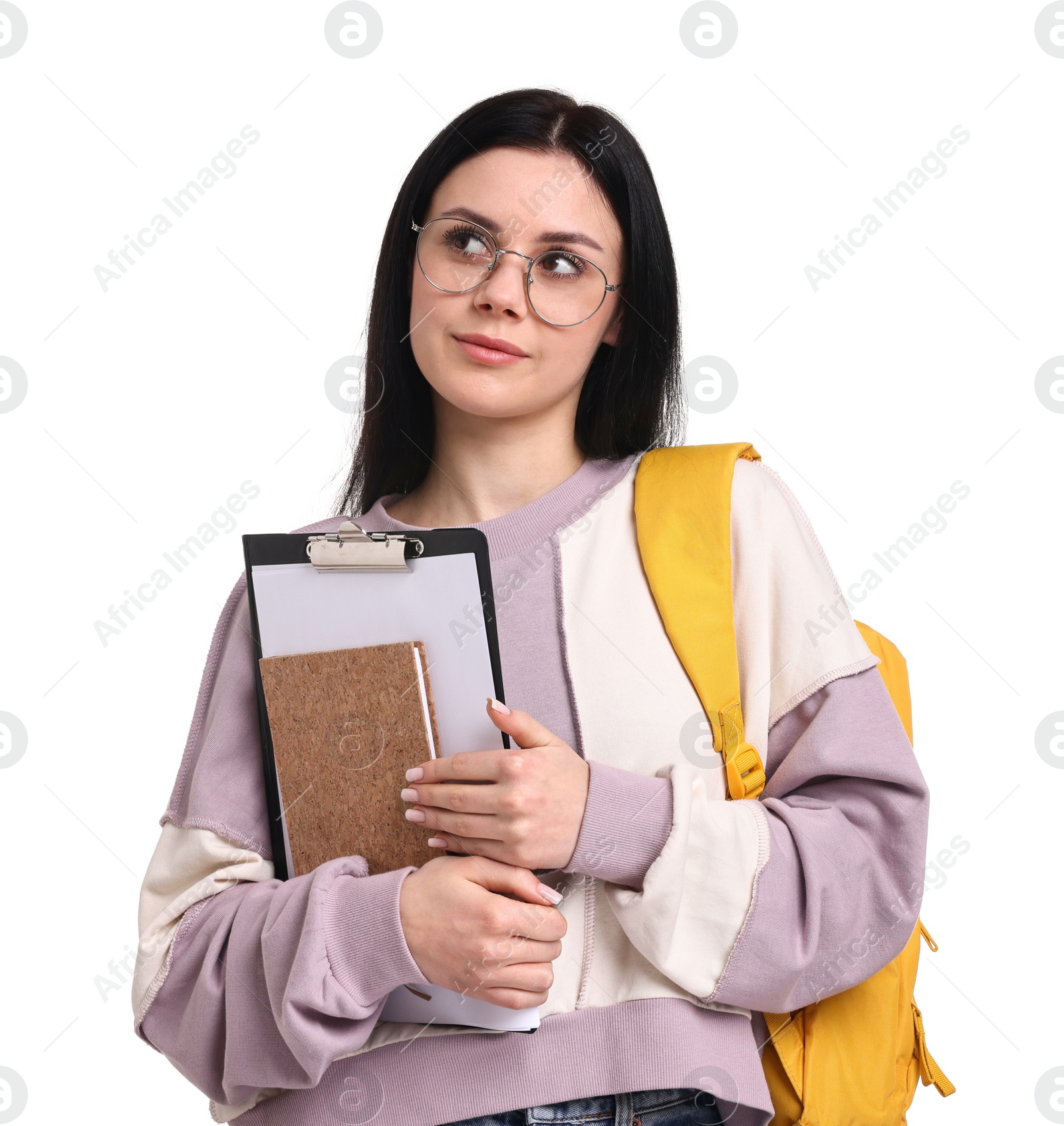 Photo of Student with notebook, clipboard and backpack on white background