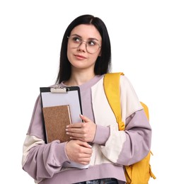 Student with notebook, clipboard and backpack on white background