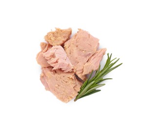 Delicious canned tuna chunks with rosemary isolated on white, top view