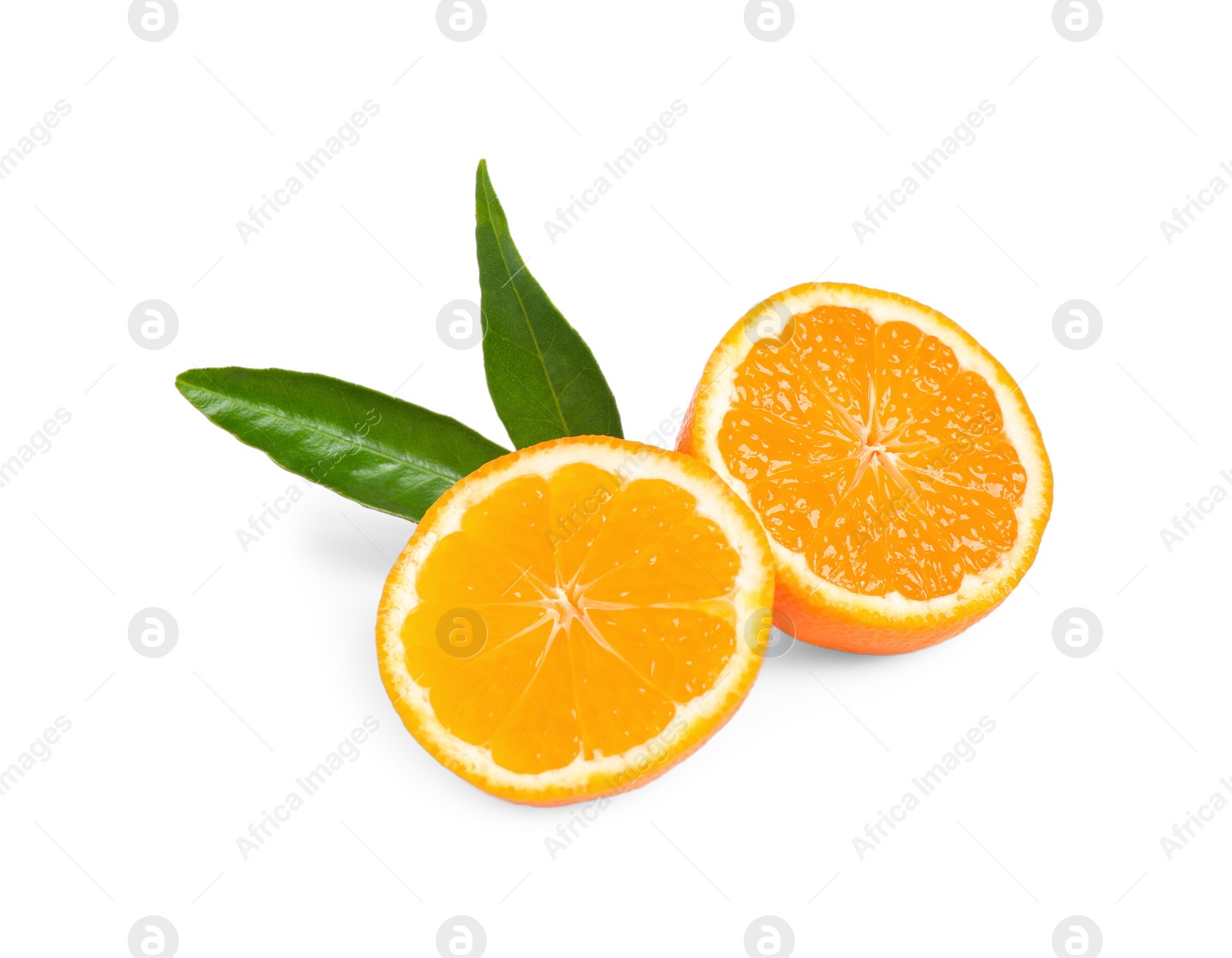 Photo of Halves of fresh ripe tangerine with leaves isolated on white. Citrus fruit