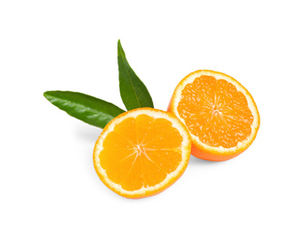 Photo of Halves of fresh ripe tangerine with leaves isolated on white. Citrus fruit