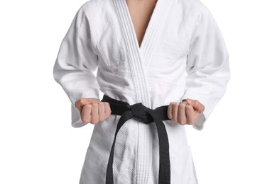 Photo of Martial arts master in keikogi with black belt on white background, closeup