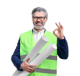 Photo of Architect in glasses holding drafts and showing ok gesture on white background